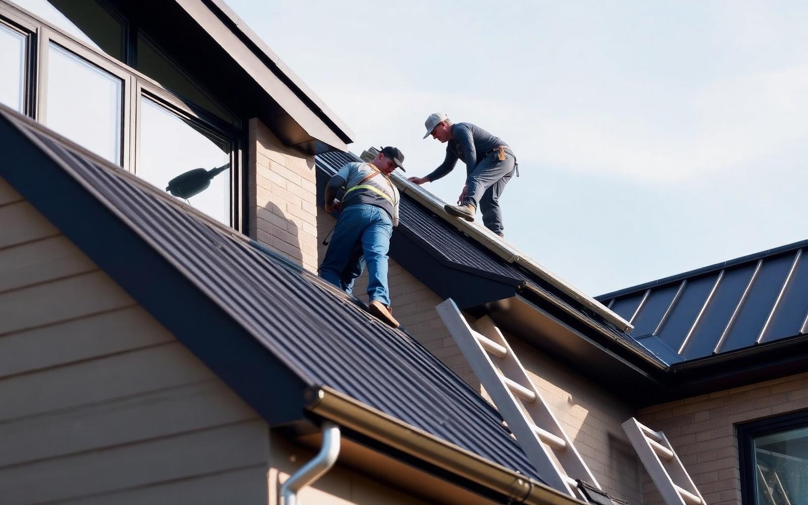 Roofers installing a metal roof